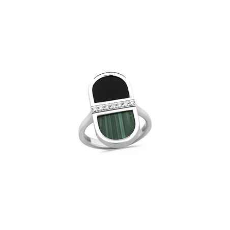 Bague Andréa Diamants 0.09ct, Onyx et Malachite en Or Blanc 750 mill. 