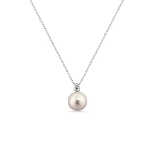 Collier Perle Blanche Akoya et Diamant Poire en Or Blanc 
