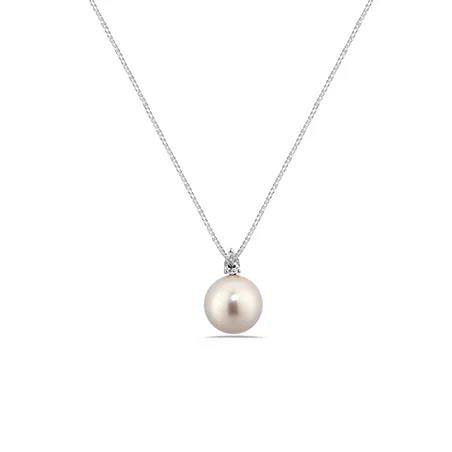 Collier Perle Blanche Akoya et Diamant Poire en Or Blanc 