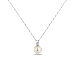Collier Perle Blanche Akoya et Diamant en Or Blanc 