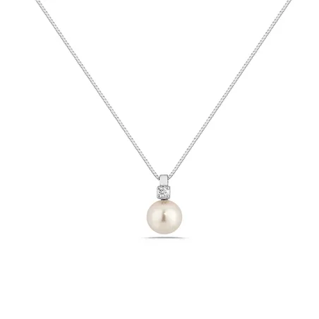 Collier Perle Blanche Akoya et Diamant en Or Blanc 