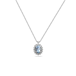 Collier Aigue Marine entourage Diamants en Or Blanc 