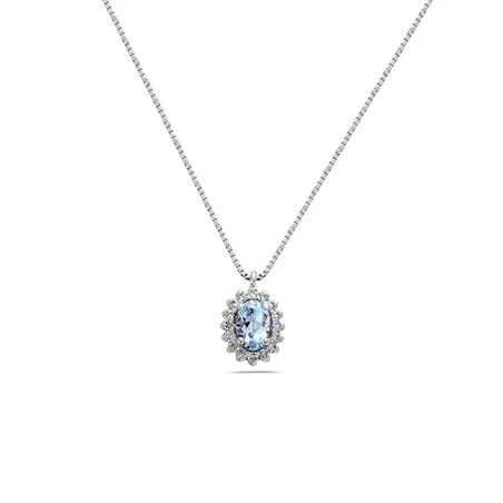 Collier Aigue Marine entourage Diamants en Or Blanc 