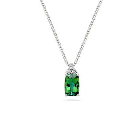 Collier Tourmaline Verte Coussin Rectangulaire et Diamants en Or Blanc 
