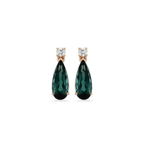 Boucles d' Oreilles Tourmaline Poire et Diamant en Or Rose 